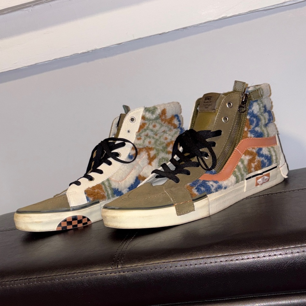 Vans High-Top Sneakers - Olive, Tan, and Blue Fluffy with leather accents